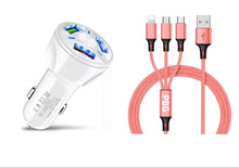 Load image into Gallery viewer, 3 Port Fast LED White Car Charger + 3 in 1 Cable Combo