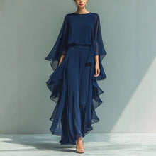 Load image into Gallery viewer, Deep Blue Ruffle Wide-Leg Pants Set – Elegant Two-Piece Batwing Sleeve Outfit for Women