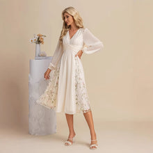 Load image into Gallery viewer, Floral Long Sleeve V-Neck Pleated Midi Dress – High Waist Flared Hem