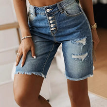 Load image into Gallery viewer, Women’s Cotton Denim Shorts – Mid-Length Frayed Hem Distressed