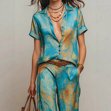 Load image into Gallery viewer, Women's Bohemian Printed Resort Two-Piece Set – 3/4 Sleeve Shirt & Pants