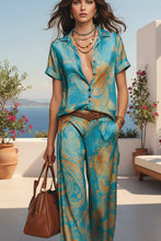 Load image into Gallery viewer, Women's Marble Swirl Print Satin-Look Short Sleeve Shirt & Wide-Leg Pants Resort Set
