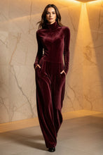 Load image into Gallery viewer, Women's Velvet Mock Turtleneck Chevron-Seam Fitted Bodice Balloon-Leg Jumpsuit