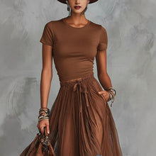 Load image into Gallery viewer, Short-Sleeve Top and Lace-Panel Midi Skirt Set