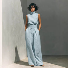 Load image into Gallery viewer, Women's Linen-Blend High-Neck Sleeveless Top & Wide-Leg Pants Set