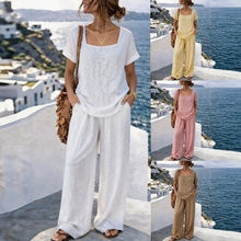 Load image into Gallery viewer, Women's Square-Neck Short-Sleeve Pantsuit – Cotton Blend Two-Piece Set