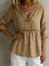 Load image into Gallery viewer, Women's V-Neck Hollow-Out Fringe Cotton-Linen Top