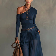 Load image into Gallery viewer, Asymmetrical Shoulder Long Sleeve Dress Set – Belted A-Line Maxi Dress