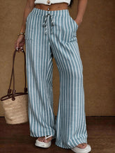 Load image into Gallery viewer, Women's Striped Wide-Leg Trousers – Lace-Up Elastic Waist Loose Fit