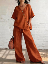 Load image into Gallery viewer, Women's Loose Cotton-Linen V-Neck Top & Wide-Leg Pants Set