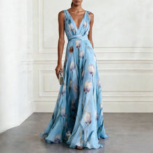 Load image into Gallery viewer, Tulip Print V-Neck Sleeveless Maxi Dress – Floral Chiffon