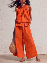 Load image into Gallery viewer, Women's Smocked Neckline Ruffle Hem Linen Tank & Wide-Leg Cropped Pants Set