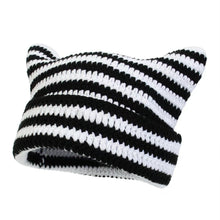 Load image into Gallery viewer, Women’s Hand Knitted Striped Cat Hat – Cute Warm Winter Beanie