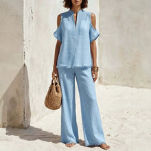 Load image into Gallery viewer, Women's Off-Shoulder Short-Sleeve Linen Blend Pantsuit Set