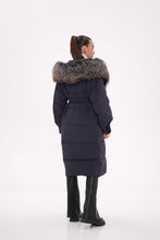 Load image into Gallery viewer, Rei Genuine Fur Trim Hooded Down Coat in Navy