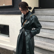 Load image into Gallery viewer, Women's Long PU Leather Jacket | Polo Collar Lace Detail Coat