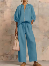 Load image into Gallery viewer, Women's Casual Loose Zipper Round Neck Wide-Leg Pants Set