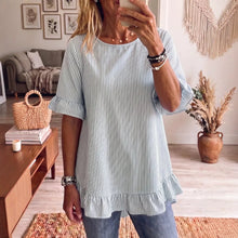 Load image into Gallery viewer, Women's Striped Ruffle-Sleeve Loose-Fit Blouse – Three-Quarter Sleeve