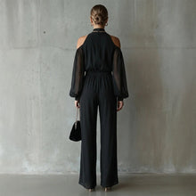 Load image into Gallery viewer, Black Embroidered Women’s Long-Sleeve Wide-Leg Jumpsuit