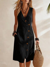 Load image into Gallery viewer, Women's Resort V-Neck Sleeveless Asymmetrical-Button Midi Dress