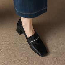 Load image into Gallery viewer, Women’s Sheepskin Square Toe Chunky Heel Pumps