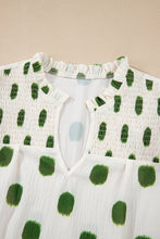 Load image into Gallery viewer, Black Polka Dot Print Smocked Notched Neck Balloon Sleeve Blouse