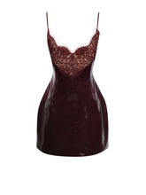 Load image into Gallery viewer, Shelby Dark Brown Vegan Leather with Lace Mini Dress