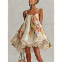 Load image into Gallery viewer, Women's Floral Print Spaghetti Strap Ruffle Neck Layered Lace Hem Mini Dress