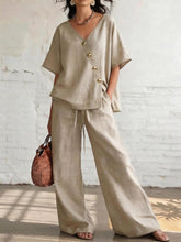 Load image into Gallery viewer, Women's Loose Cotton-Linen V-Neck Top & Wide-Leg Pants Set