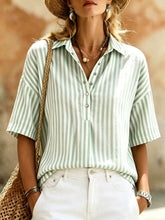 Load image into Gallery viewer, Women's Striped Short-Sleeve Shirt with Turn-Down Collar