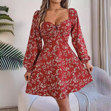 Load image into Gallery viewer, Mandotos Floral Print Lantern Sleeve Dress Red Tie Square Neck A Line Long Sleeve
