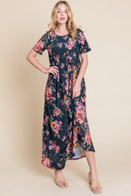 Load image into Gallery viewer, Floral Short Sleeve Maxi Dress – Elegant Maxi Dress, Floral Short Sleeve Dress, Shirred Maxi Dress, Flowing Silhouette Dress, Comfortable Summer Dress, Flattering Dress for Various Occasions, Versatile Maxi Dress