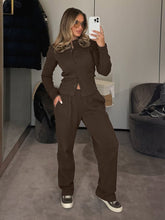 Load image into Gallery viewer, Women's Half-High-Neck Ribbed Knit Cardigan & Button-Front Trousers Set