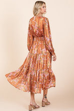 Load image into Gallery viewer, Flower Print Satin Lurex Stripe Smocked Midi Summer Dress – Elegant Midi Dress, Satin Lurex Dress, Floral Dress, Smocked Waist Dress, Romantic Midi Dress, Special Occasion Dress