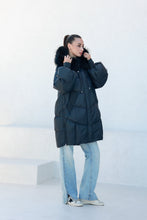 Load image into Gallery viewer, Celeste Genuine Fur Trim Down Fill Coat in Black