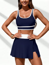 Load image into Gallery viewer, Women's Navy Contrast Tankini Set — Crop Top & High-Waisted Skirt