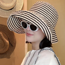 Load image into Gallery viewer, Women's Wide-Brim Striped Sun Hat – UV Protection & Adjustable Fit