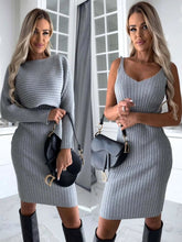 Load image into Gallery viewer, 2pcs Suit Women's Solid Stripe Long-sleeved Top And Tight Suspender Skirt Fashion Autumn Winter Slim Clothing