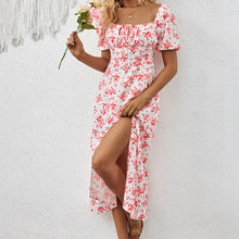 Load image into Gallery viewer, Square Neck Floral Print Dress With Puff Sleeves & Side Slit Maxi Dress