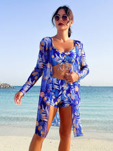 Load image into Gallery viewer, Luxe Lines 3-Piece Geometric Bikini Set for Women – High Rise Drawstring Bikini with Boxer Shorts & Long Sleeve Sheer Kimono Cover-Up – Bold & Breezy Women’s Swimwear for Summer Beach Pool & Getaways