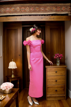 Load image into Gallery viewer, 3D floral sleeves Off the shoulder ankle length sheath silky satin prom dress