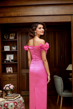 Load image into Gallery viewer, 3D floral sleeves Off the shoulder ankle length sheath silky satin prom dress