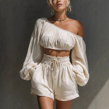 Load image into Gallery viewer, Women's One-Shoulder Ruched Crop Top & High-Waist Shorts Set