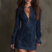 Load image into Gallery viewer, Women's Lace Trim Zip-Front Long Sleeve Mini Dress – Fitted Bodycon Boho Retro