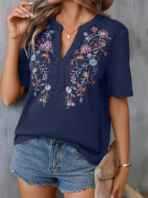 Load image into Gallery viewer, Women's Floral Embroidered Notched V-Neck T-Shirt – Short Sleeve Boho Lace Trim Top