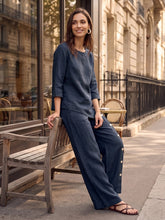 Load image into Gallery viewer, 100% Linen Asymmetric-Hem Button-Trim Top NYLA