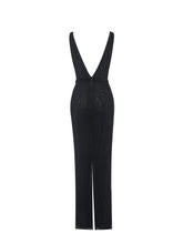 Load image into Gallery viewer, Olympia Black Belted Bow Plunging Rhinestone Maxi Dress