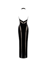 Load image into Gallery viewer, Paityn Black Velvet Mesh Cutout Halter Gown