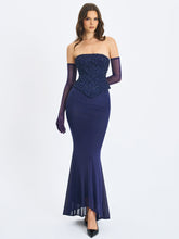 Load image into Gallery viewer, Orabelle Navy Beaded Peplum Mermaid Maxi Gown with Lace-up Back