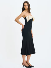 Load image into Gallery viewer, Saige Black Mermaid Midi Dress with Ivory Bow Bustline